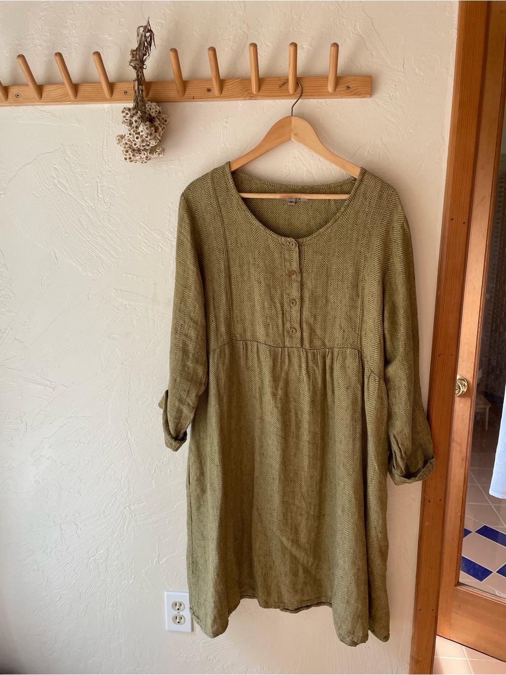 Flax Linen Golden Green Baggy Button Dress
